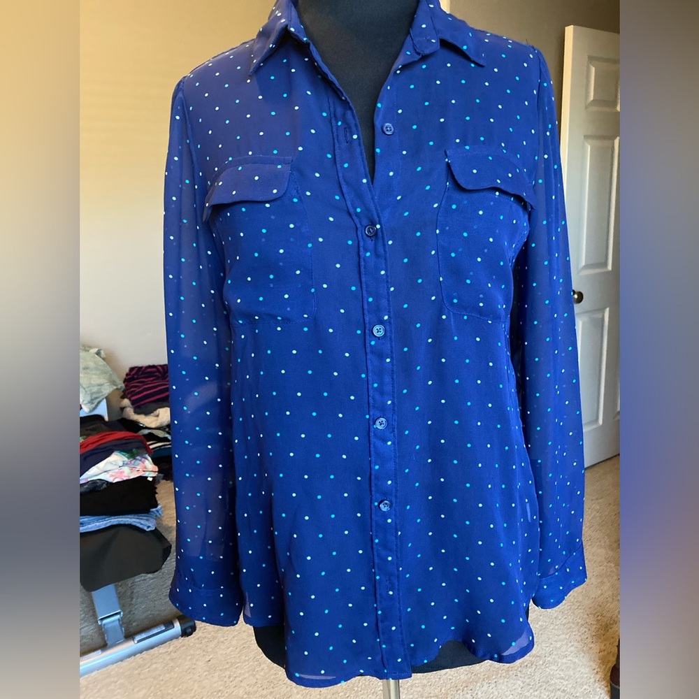 Old Navy sheer Navy Blue button down Shirt with Polka Dots, size small